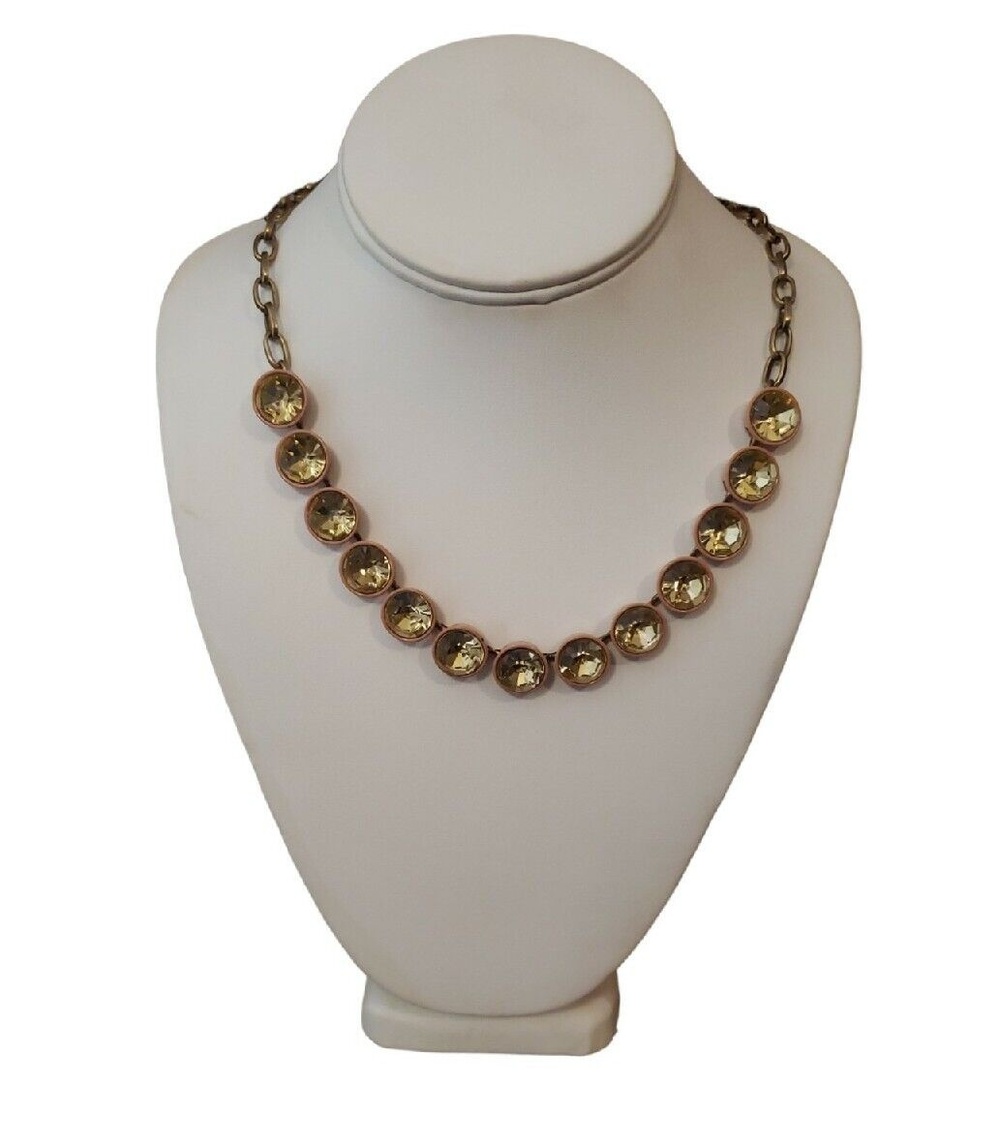 J. Crew Brûlée Necklace Pink Enamel Yellow Crystal Chunky Gold Tone Chain 22"
